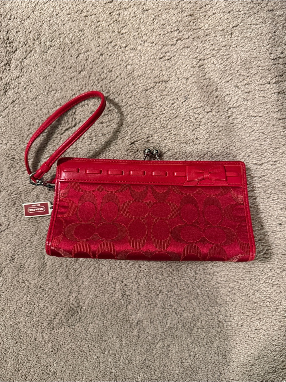 Coach Red Signature Wristlet Clutch with Bow Accent